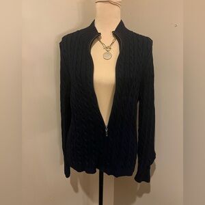 LL Bean. Dark Navy Cable Knit Zip Front Sweater, size Med